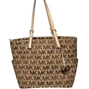 Michael Kors MK Signature Logo Tote Bag Brown Tan Canvas Leather Handbag Purse